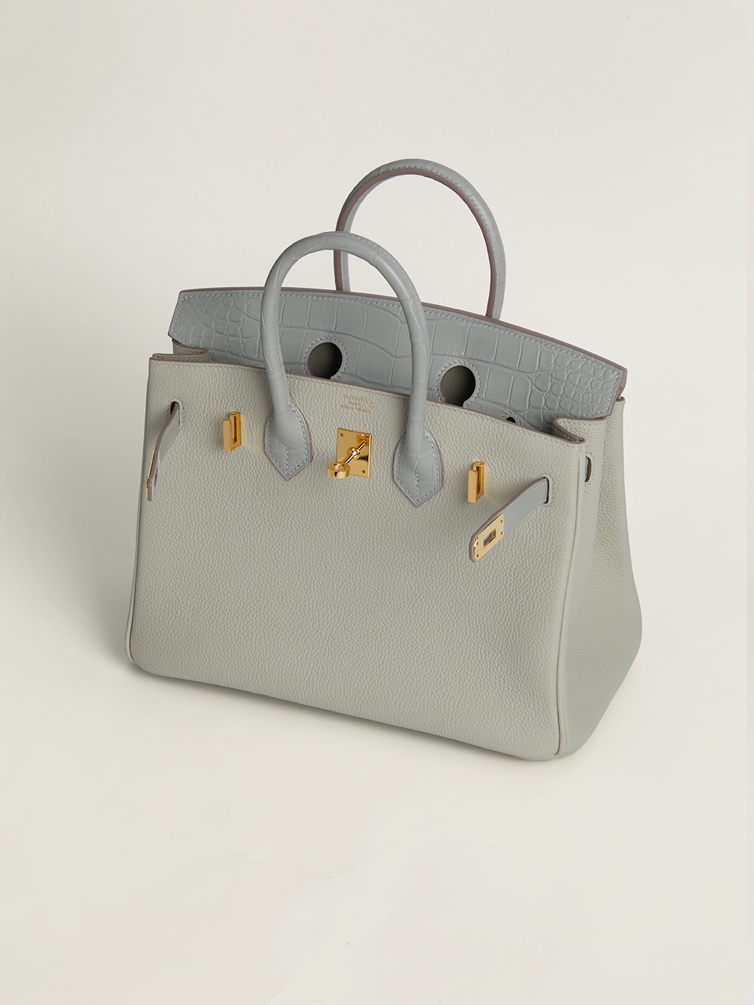 Hermes Touch Birkin 25CM Bag In Light Grey Togo and Matte Alligator Crocodile Leather